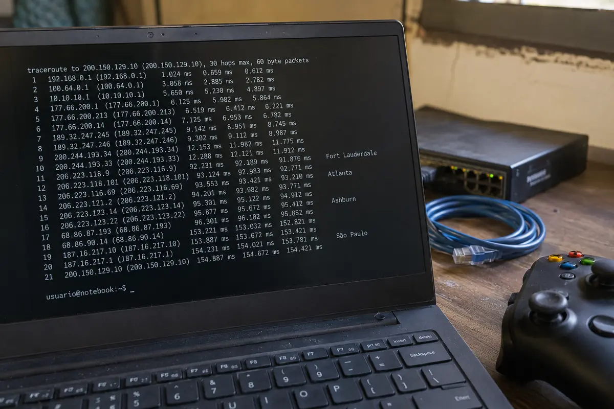 Um traceroute mostra uma rota longa por Fort Lauderdale, Atlanta e Ashburn antes de chegar a São Paulo