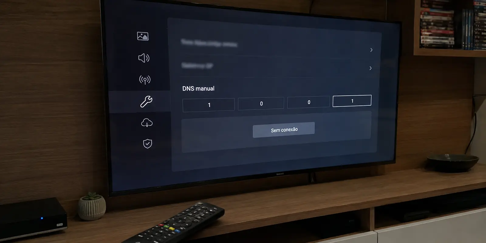 Smart TV sem conexão enquanto exibe a configuração manual de DNS