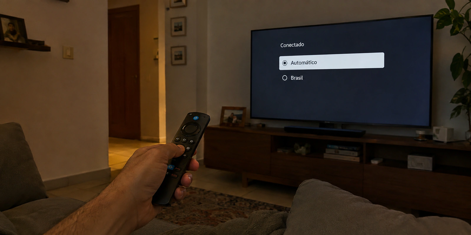 Pessoa usando o controle do Fire TV diante de uma VPN conectada automaticamente, com Brasil disponível para seleção
