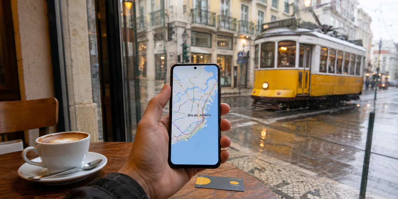 Telefone mostra um mapa do Rio de Janeiro enquanto o viajante está em outra cidade