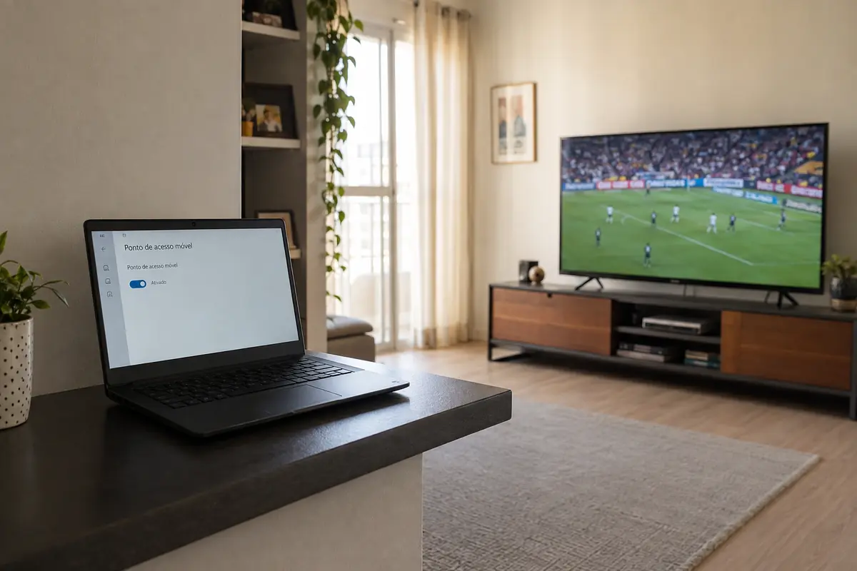 Notebook com ponto de acesso móvel ativado enquanto a televisão reproduz uma partida