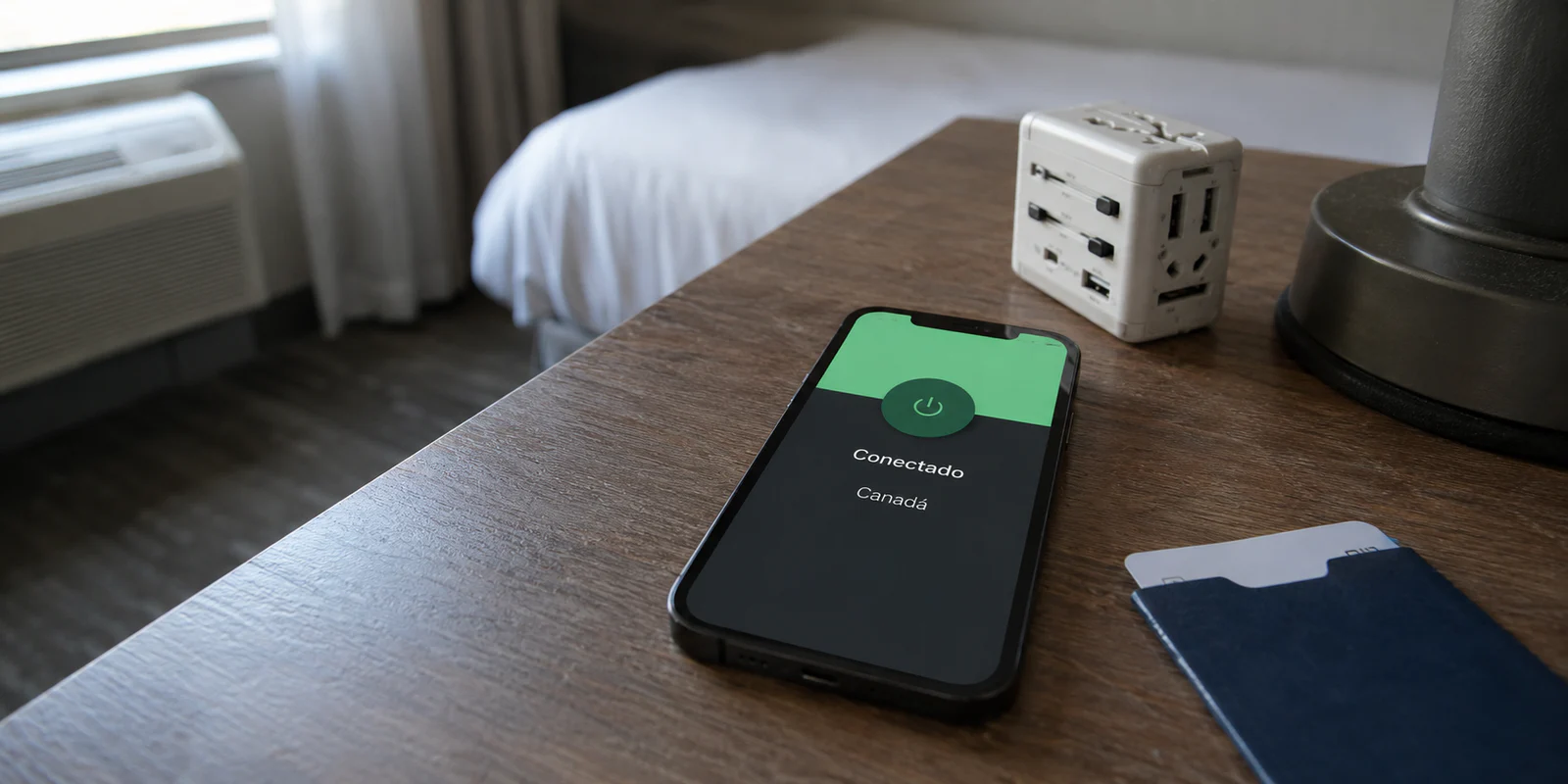 iPhone conectado a uma VPN com saída pelo Canadá em um quarto de hotel