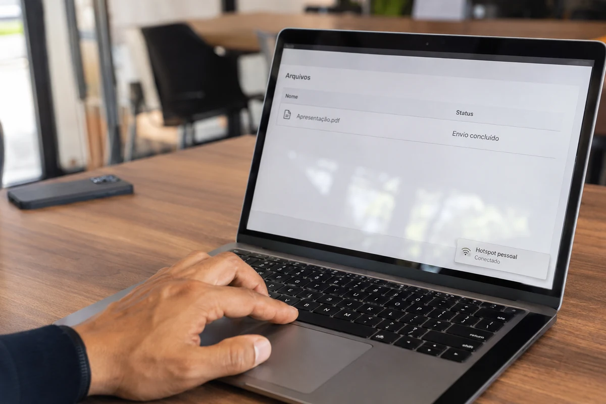 O arquivo termina de enviar com o notebook conectado ao hotspot pessoal.