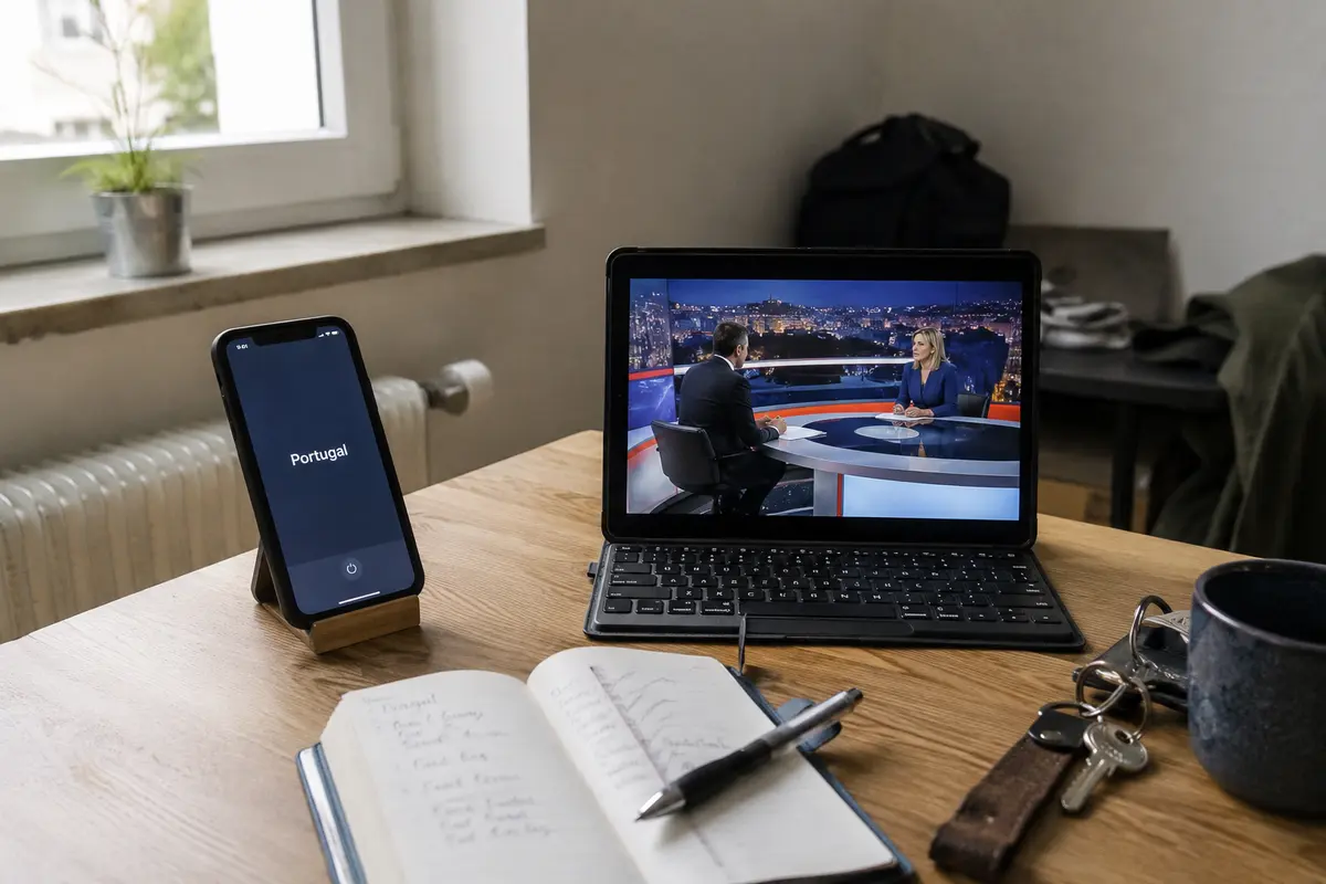 Um telemóvel ligado a Portugal ao lado de uma emissão televisiva já a funcionar