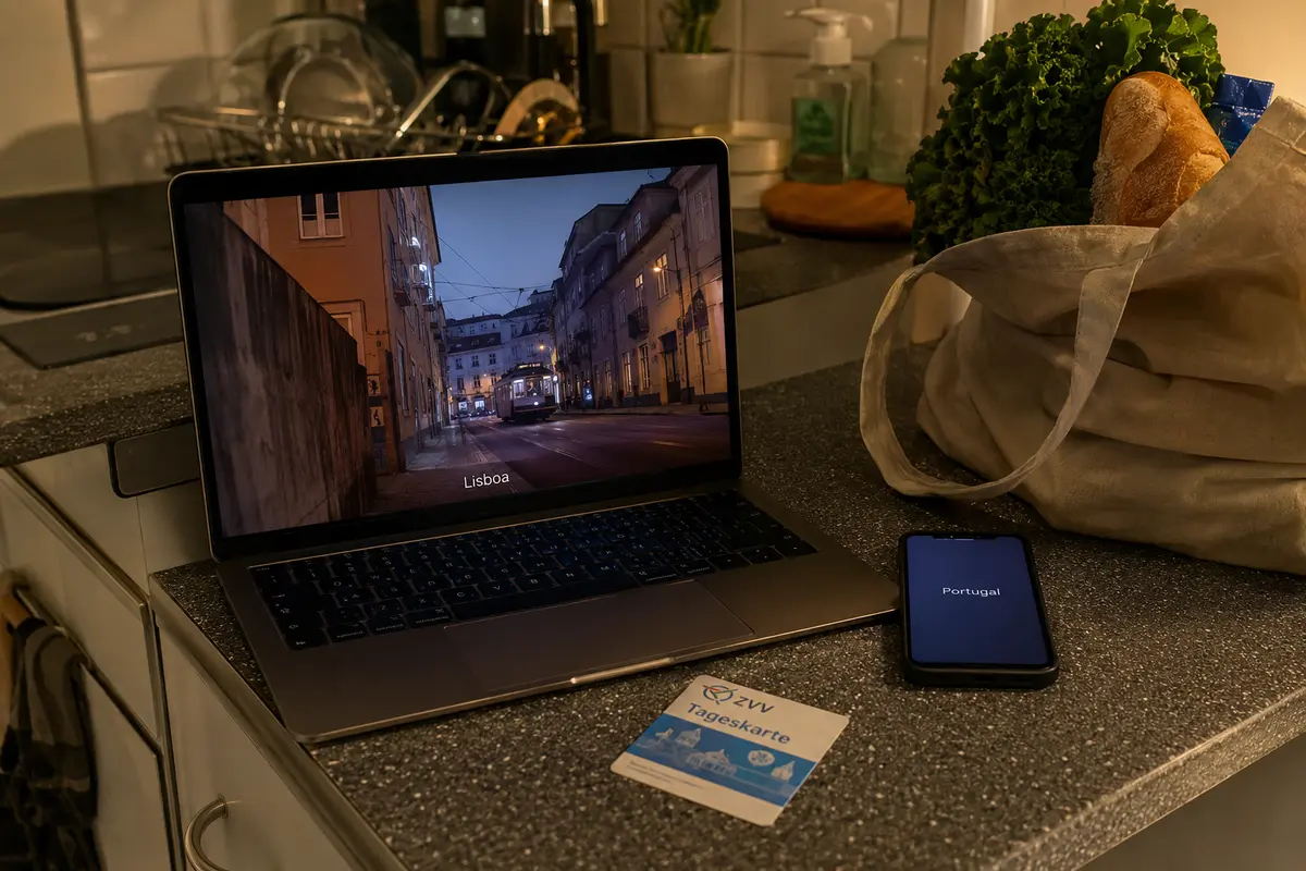 Numa cozinha suíça, um portátil reproduz imagens de Lisboa enquanto o telemóvel indica uma saída em Portugal