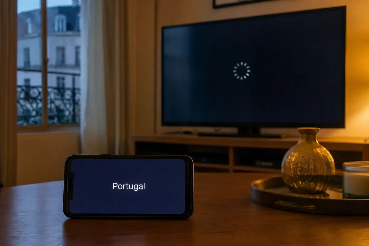 Um telemóvel confirma Portugal enquanto o vídeo português continua a carregar no televisor