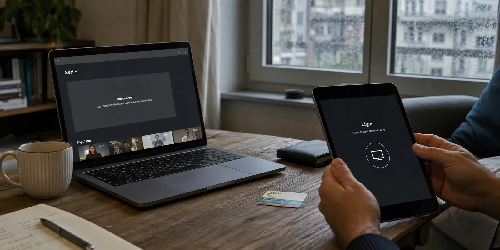 Portátil com conteúdo indisponível e tablet pronto para ligar numa casa em Zurique