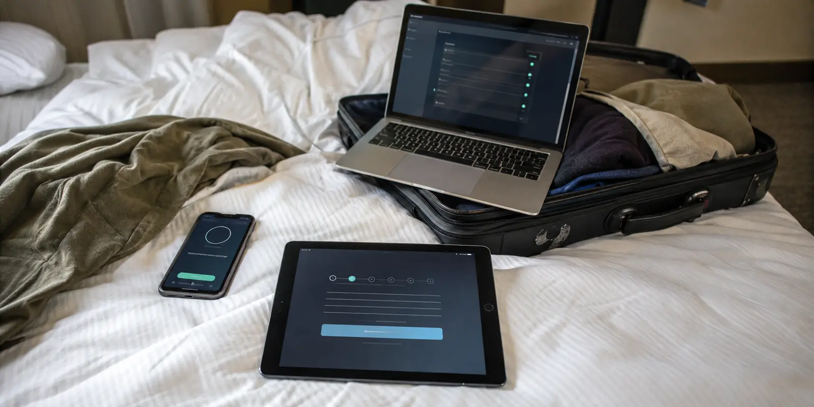 Celular, tablet e notebook com etapas diferentes de conexão sobre uma cama de hotel ao lado da mala aberta