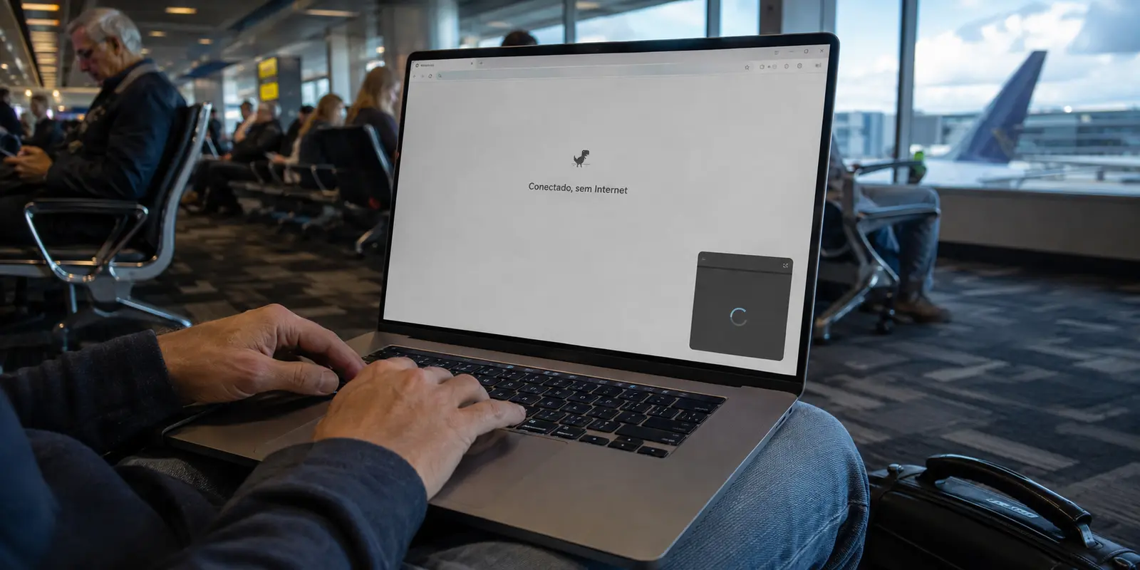 Notebook conectado ao Wi-Fi do aeroporto, mas ainda sem acesso à internet