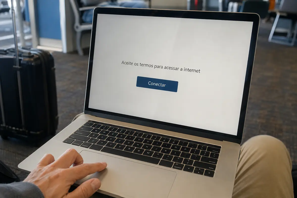 Portal de acesso do Wi-Fi do aeroporto aberto no notebook para aceitar os termos