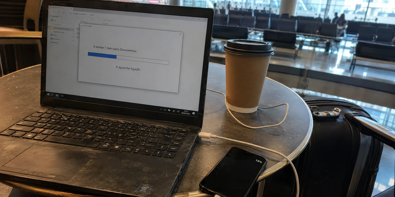 Um envio de ficheiro aguarda ligação num portátil no aeroporto, ao lado de um telefone com pouca bateria.