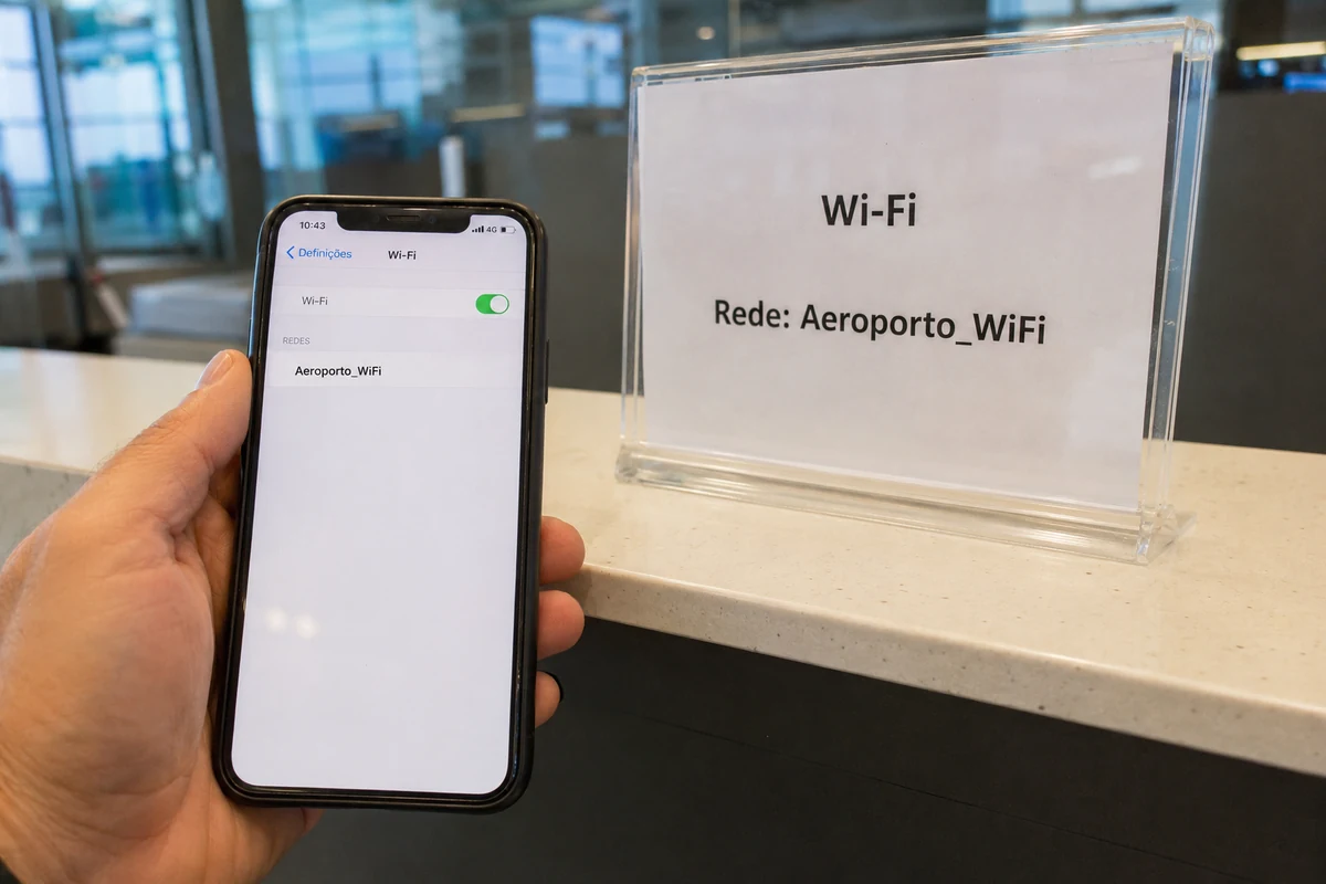 O nome da rede no telefone é comparado com a informação de Wi-Fi disponível no balcão do aeroporto.