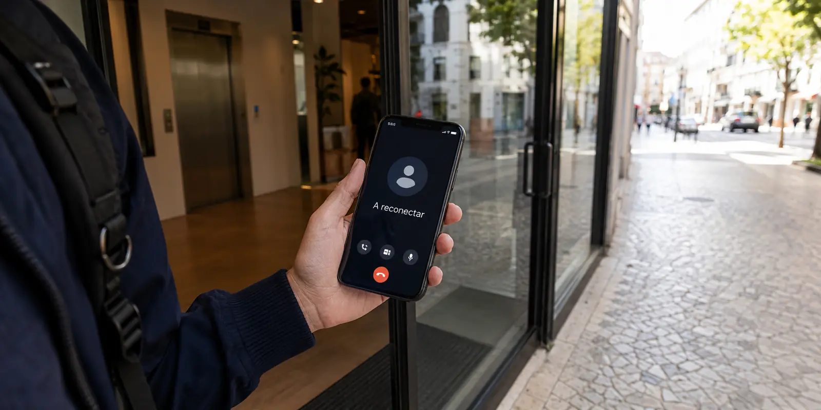 Um telemóvel fica a reconectar uma chamada ao sair de um coworking para a rede 5G.