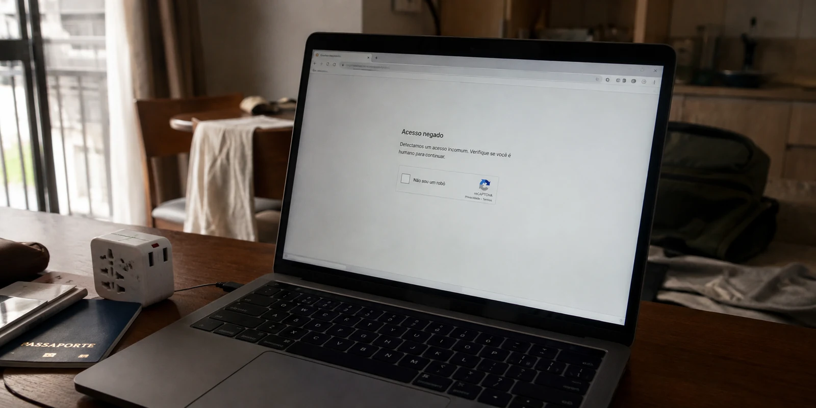 Notebook exibindo acesso negado a um serviço brasileiro durante uma viagem