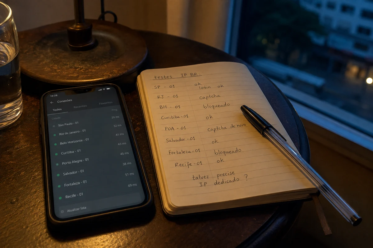 Celular com rotas brasileiras ao lado de um caderno com resultados de testes