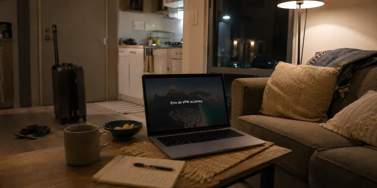 Notebook exibe a mensagem Erro de VPN ou proxy em uma sala de aluguel por temporada fora do Brasil