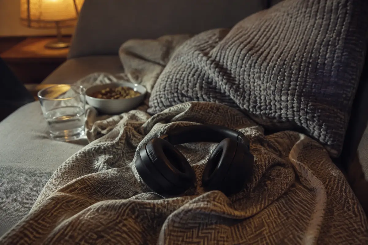 Fones de ouvido repousam sobre uma manta ao lado de água e petiscos em uma sala iluminada à noite