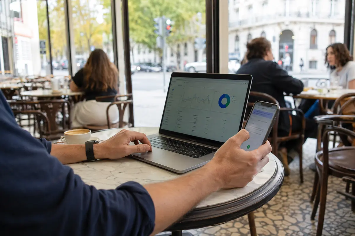 Portátil e telemóvel usados em conjunto numa mesa de café em Lisboa