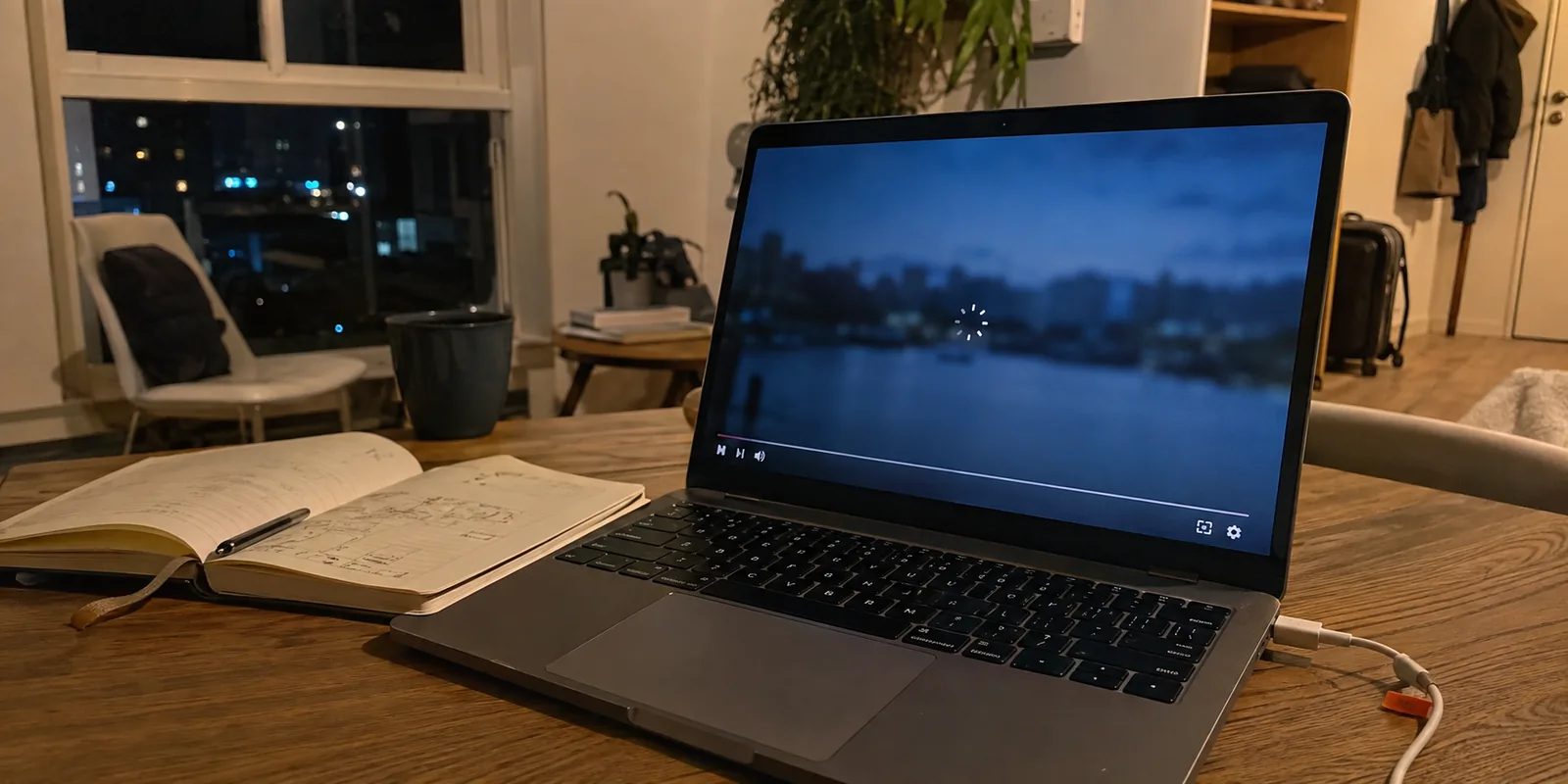 Laptop em um apartamento de viagem com um vídeo parado na tela de carregamento.