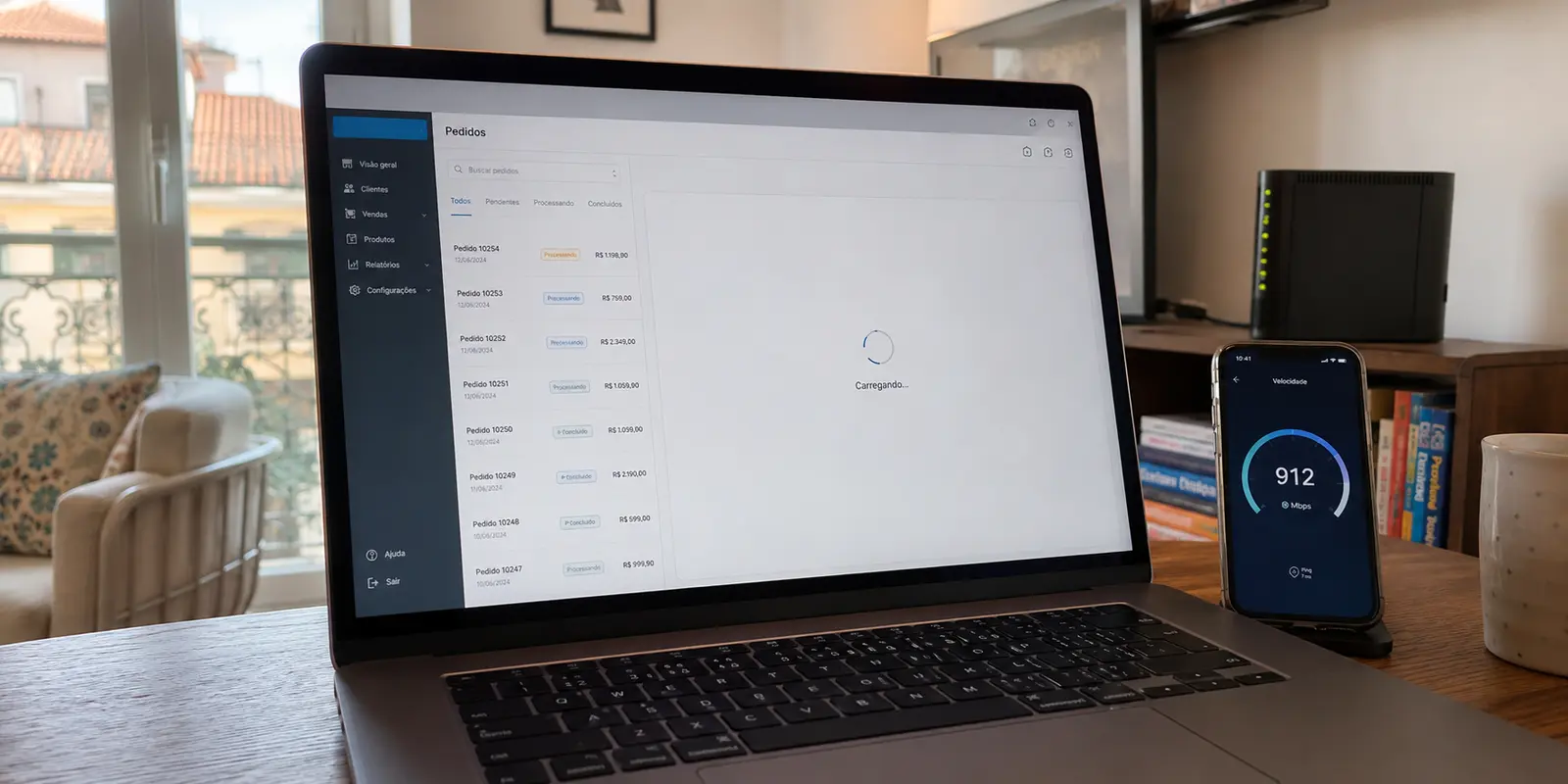 Um painel brasileiro demora a carregar apesar de um teste local acima de 900 Mbps em Lisboa