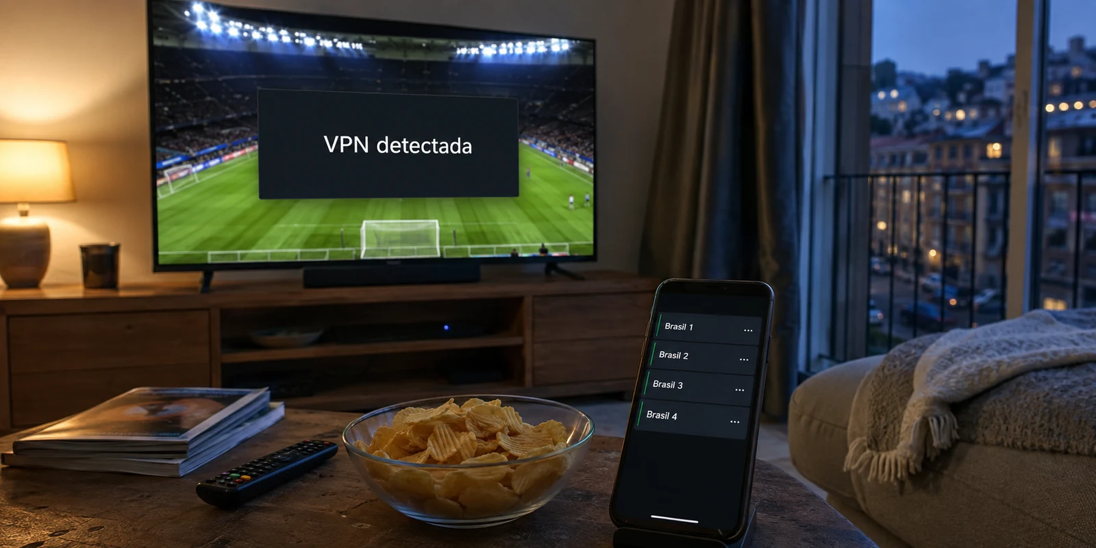 Transmissão de futebol bloqueada por detecção de VPN enquanto quatro servidores brasileiros aparecem no telefone