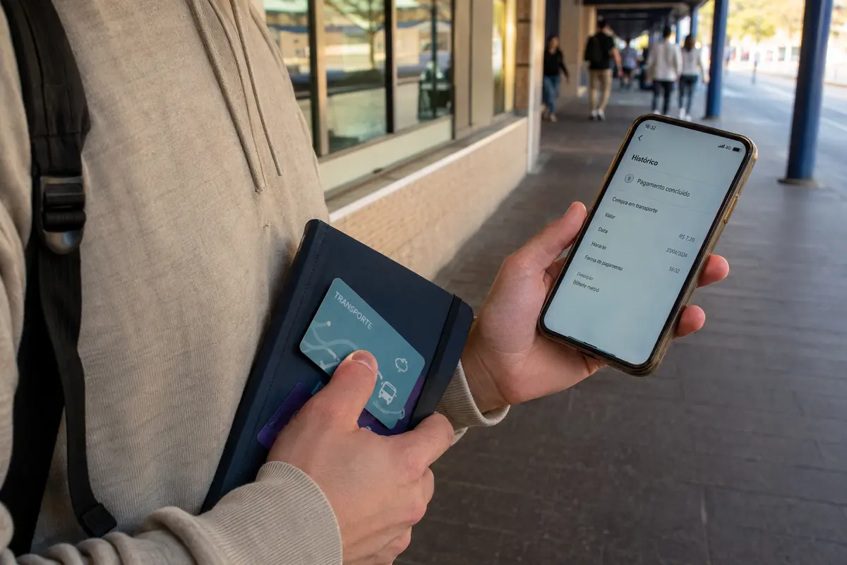 Estudante confere um pagamento no celular após sair do campus e mudar para os dados móveis