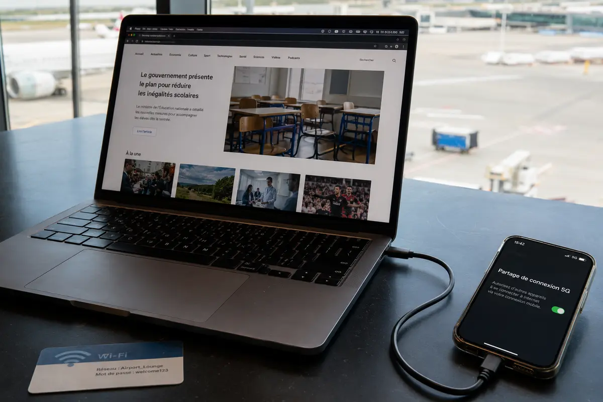 Le même ordinateur charge normalement une page lorsqu’il utilise le partage de connexion 5G du téléphone