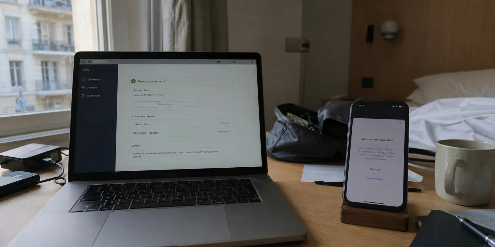 Dans une chambre d’hôtel, un ordinateur reste connecté au VPN tandis que le téléphone refuse une seconde connexion.