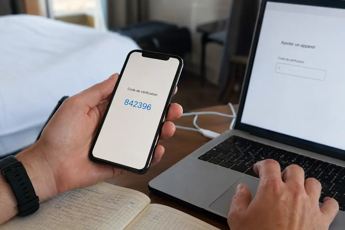 Un code de vérification affiché sur un téléphone permet d’ajouter rapidement le deuxième appareil depuis l’ordinateur.