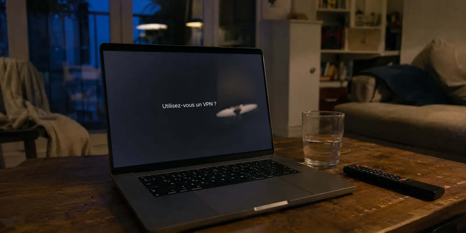 Un ordinateur portable affiche le message « Utilisez-vous un VPN ? » dans un salon au début d’une soirée de streaming