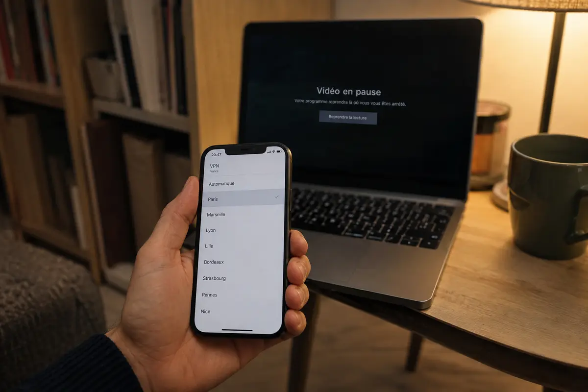 Une main choisit une nouvelle sortie française dans une application VPN tandis que la vidéo reste en pause sur l’ordinateur