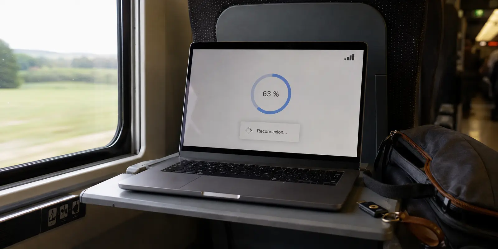 Dans un train, un transfert reste bloqué à 63 % pendant que le VPN se reconnecte
