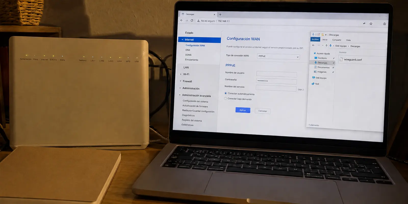 Un archivo wireguard.conf espera junto al panel de un router sin opción de importación