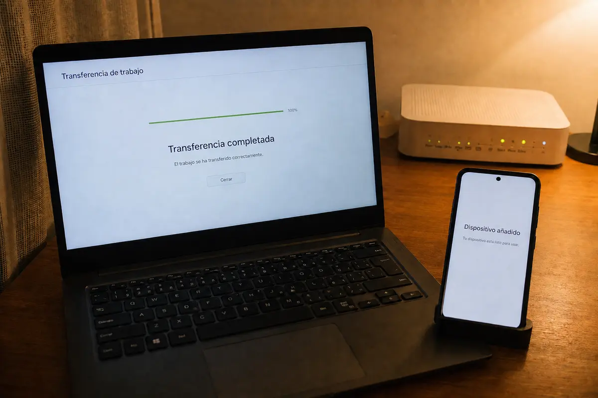El portátil confirma la transferencia y el teléfono indica que el segundo dispositivo ya está añadido