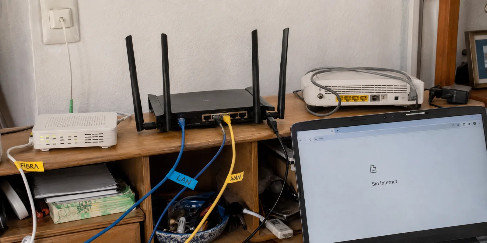 ONT de fibra, router nuevo y portátil conectado al Wi-Fi pero todavía sin Internet.