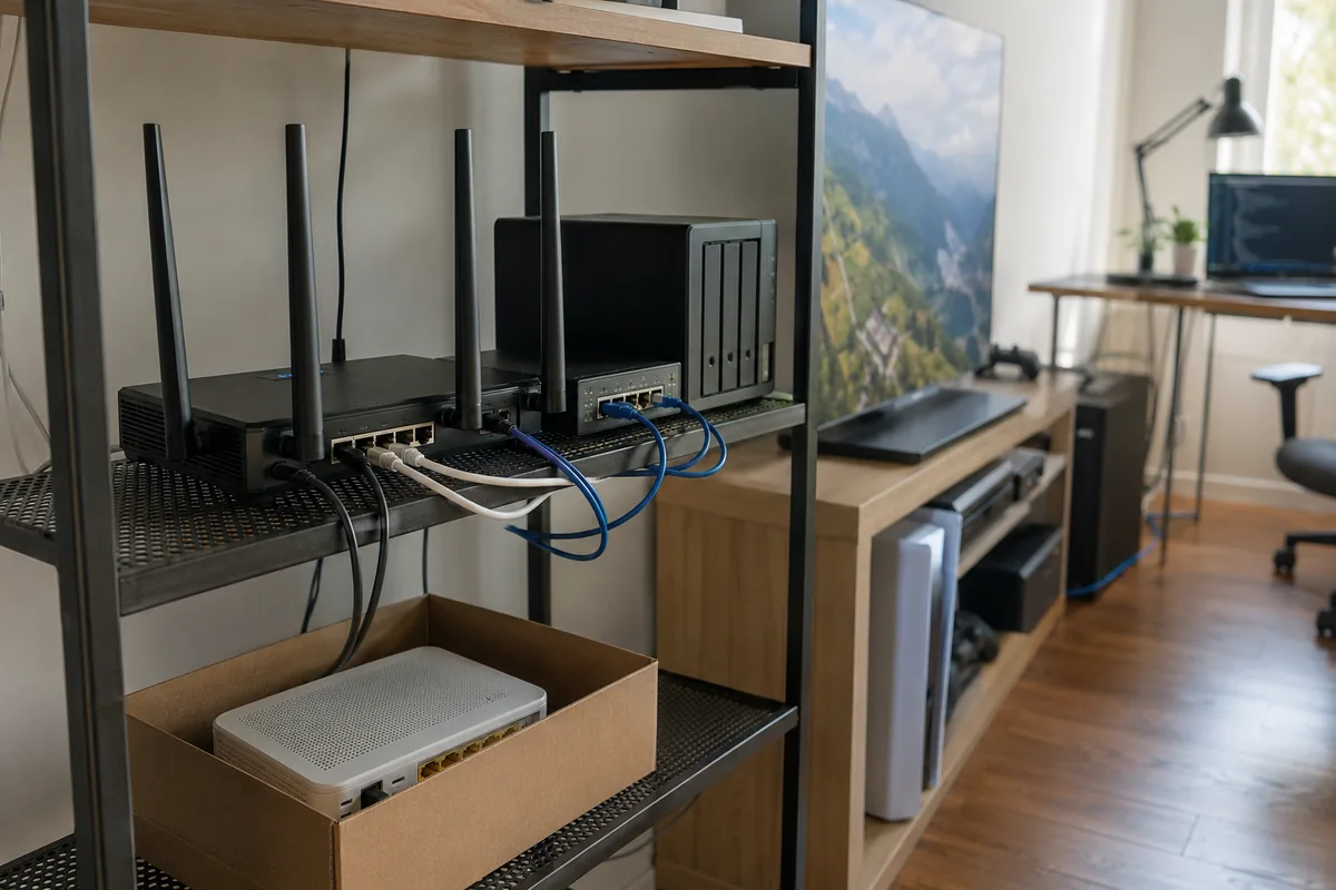 Router abierto, switch y almacenamiento conectados en una red doméstica ya terminada.