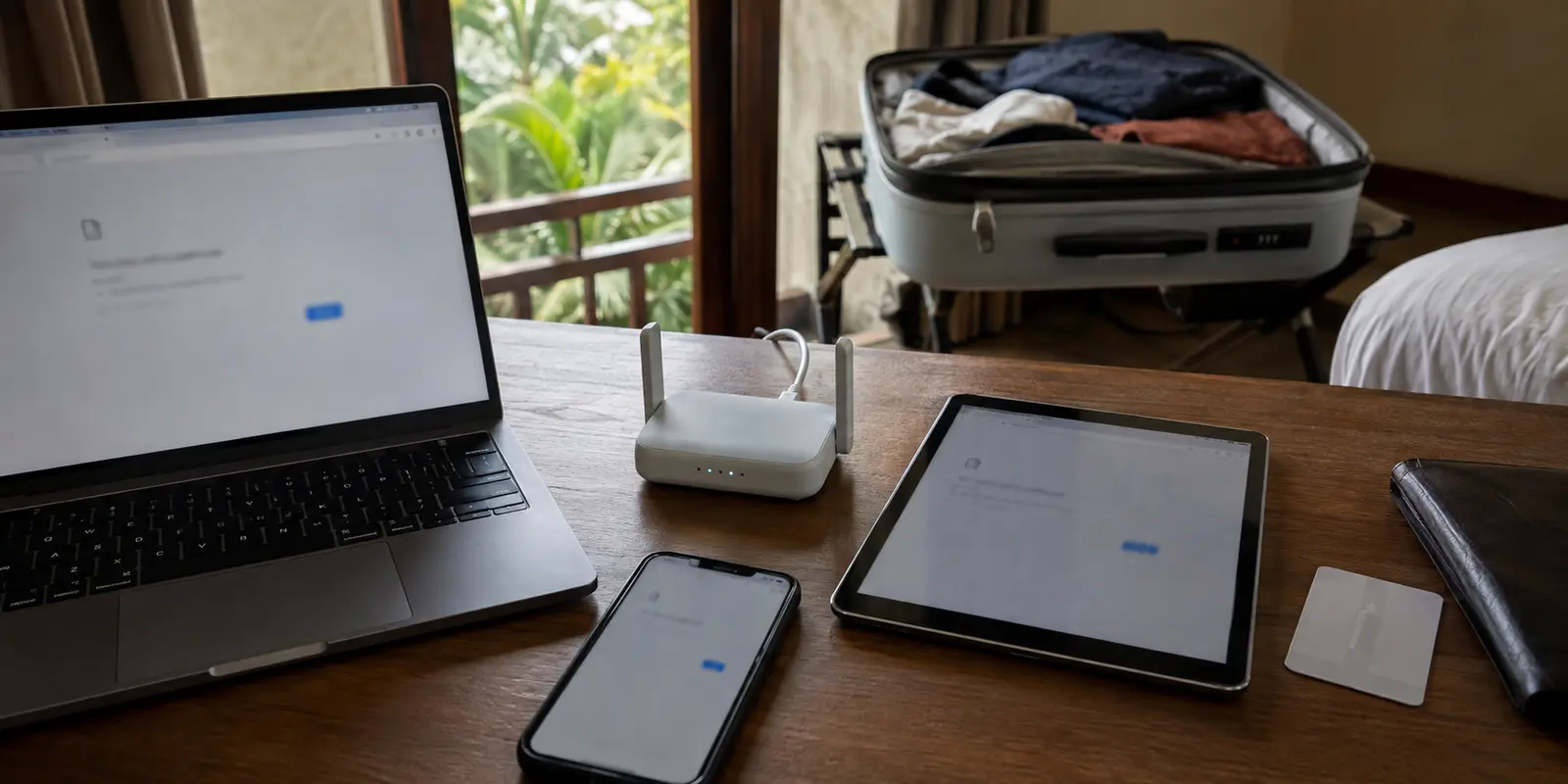 Router de viaje Beryl AX y varios dispositivos conectados al Wi-Fi de un hotel sin acceso a Internet