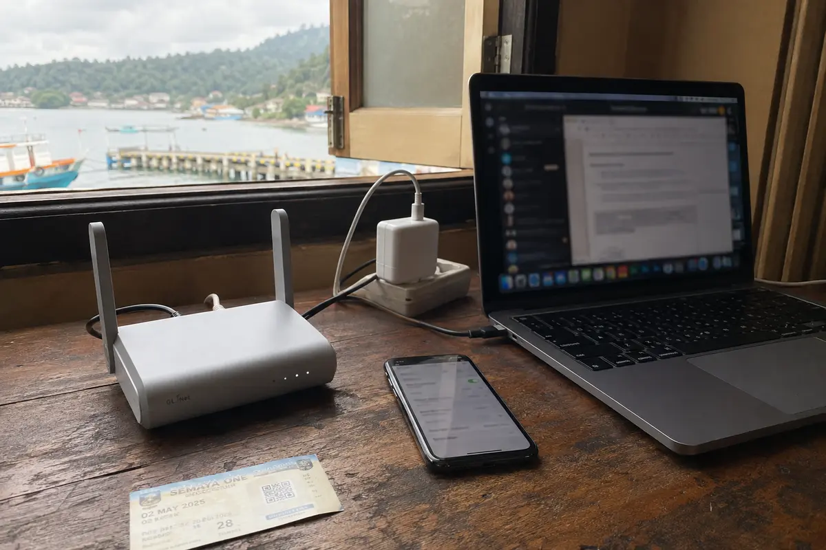 Beryl AX mantiene la red de la habitación mientras el portátil usa su propia VPN y el teléfono queda listo como respaldo