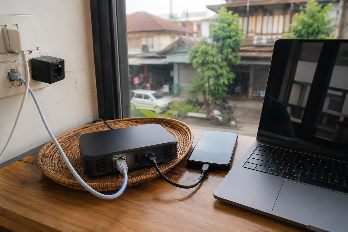 Un router compacto recibe Ethernet y tethering USB en un apartamento de Chiang Mai.