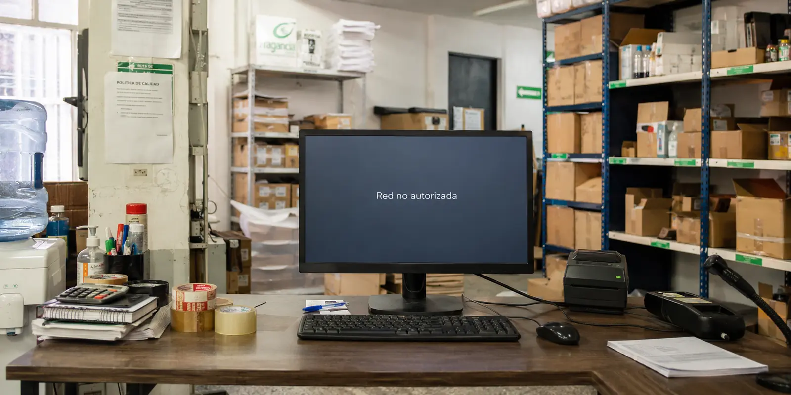 Pantalla de un equipo de una pequeña empresa colombiana que indica que la red no está autorizada