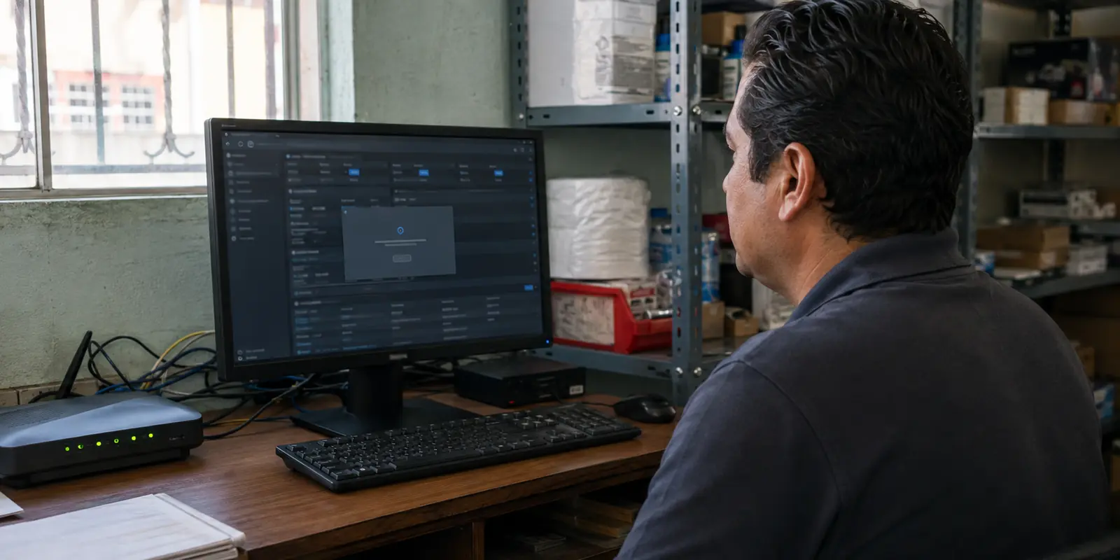 Administrador de una pequeña empresa mexicana frente a un panel restringido mientras el módem mantiene conexión