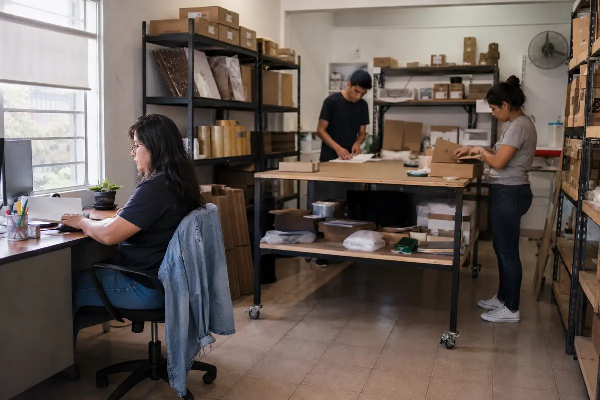 Una estación administrativa fija junto a compañeros que realizan otras tareas en una pequeña empresa mexicana