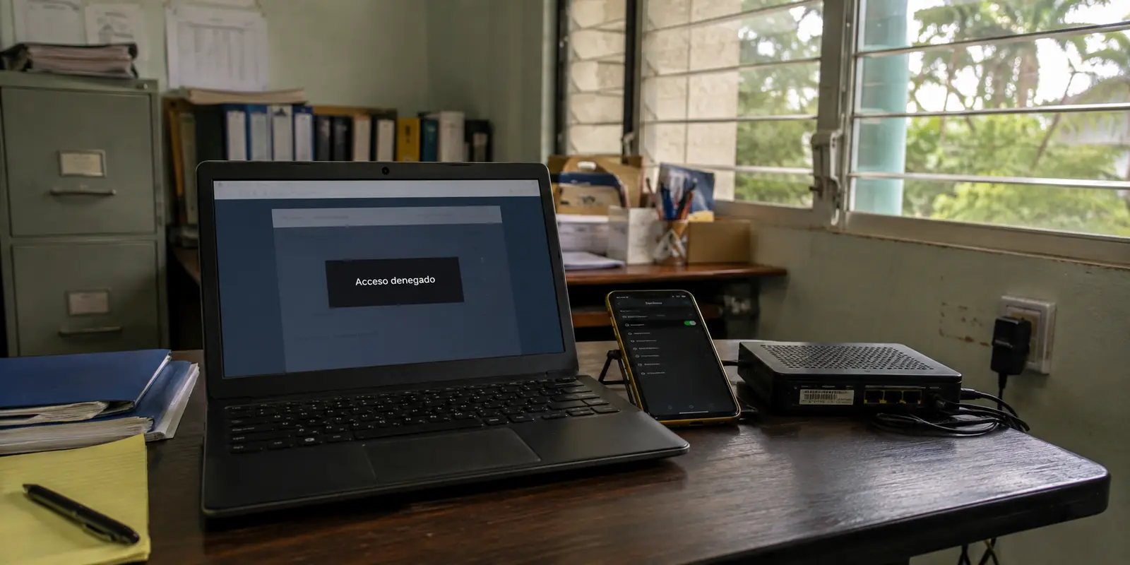 Laptop conectada a un hotspot móvil junto a un router apagado durante un corte de energía en una oficina de Puerto Rico
