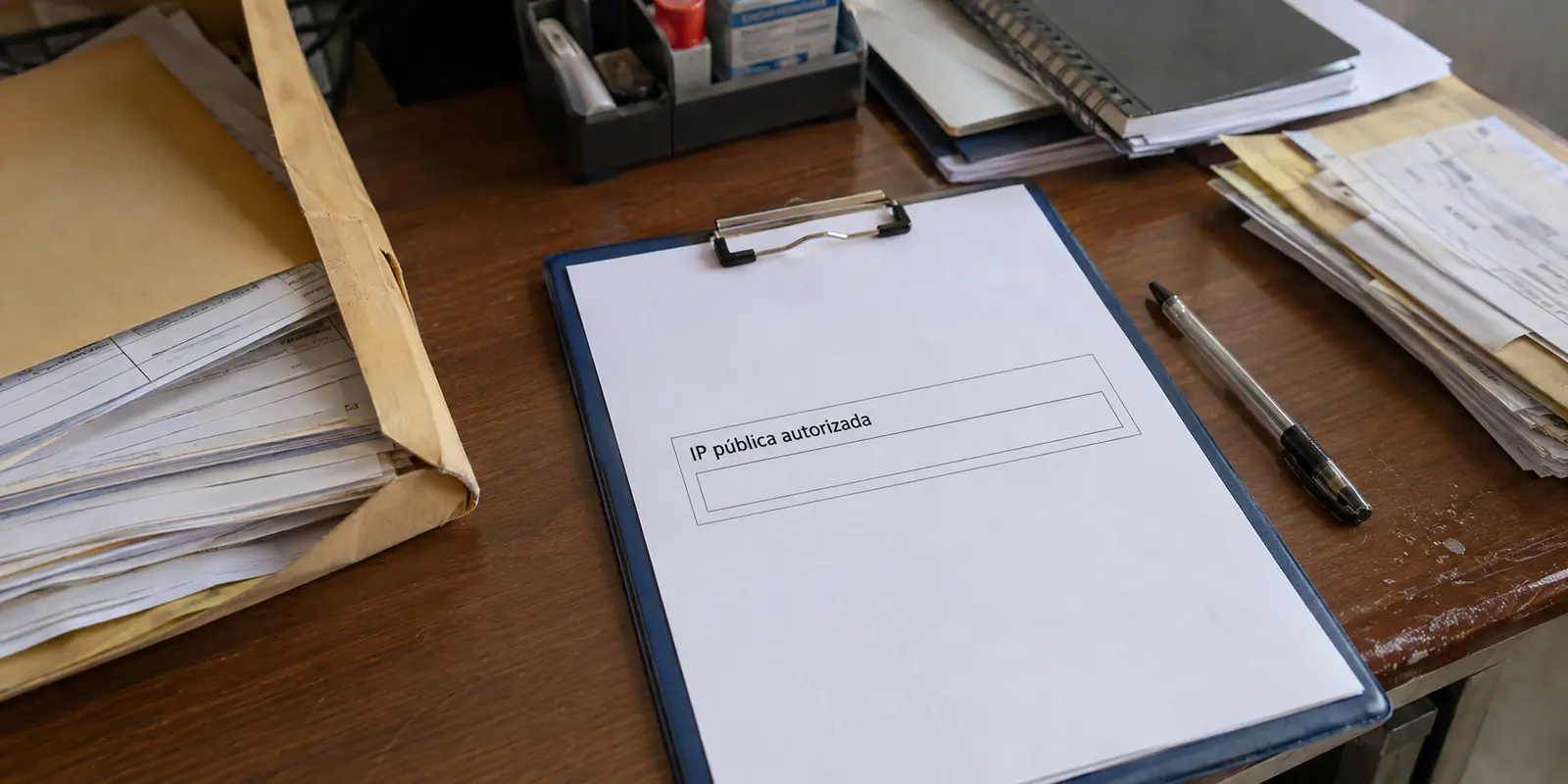 Formulario de autorización en el escritorio de una pequeña empresa con el campo «IP pública autorizada» vacío.