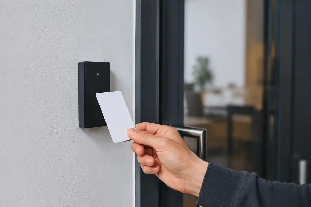 Una mano acerca una tarjeta blanca al lector de acceso de una oficina.