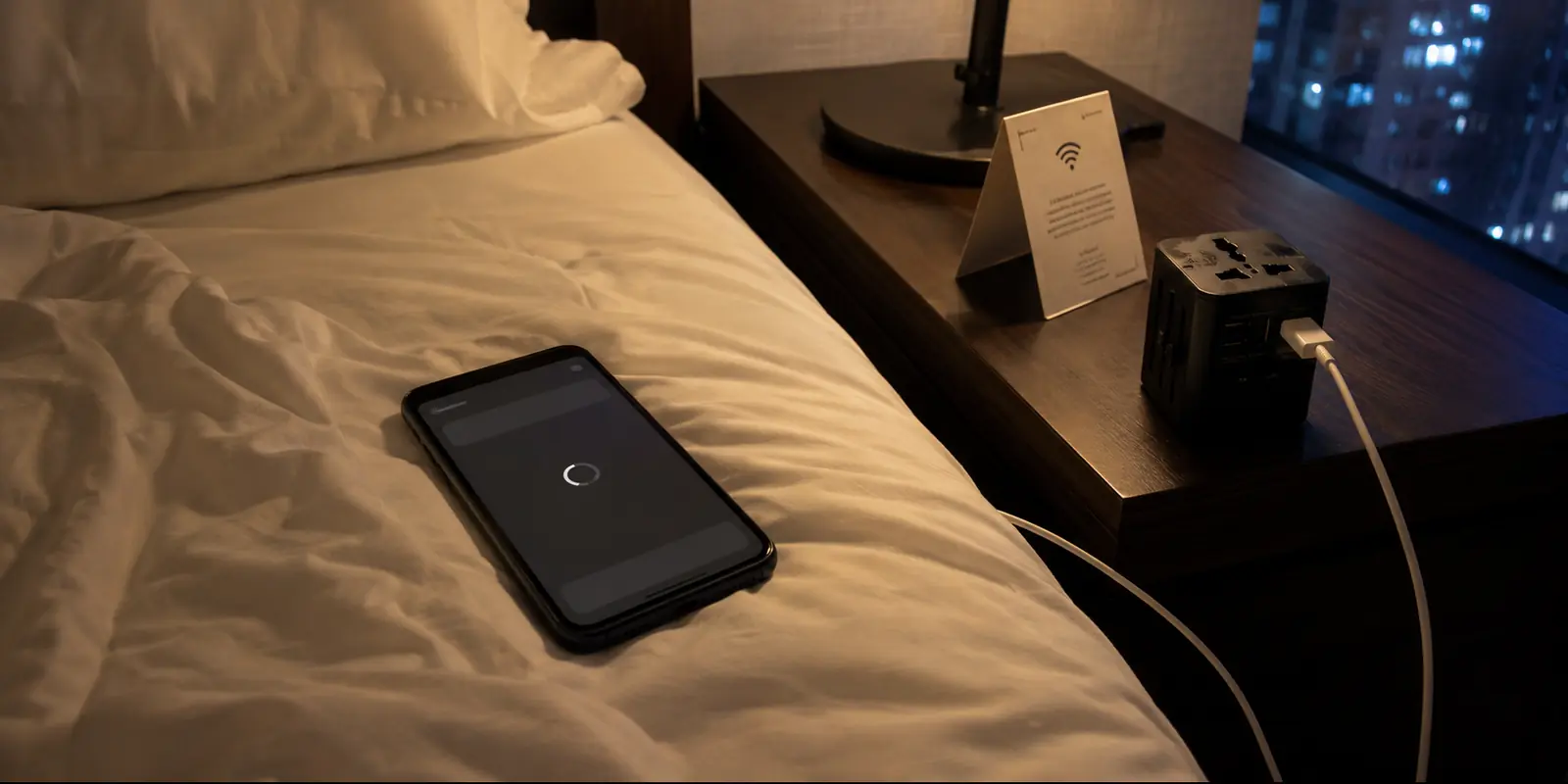 Teléfono sobre la cama de un hotel en Shanghái con una conexión VPN que no termina de establecerse