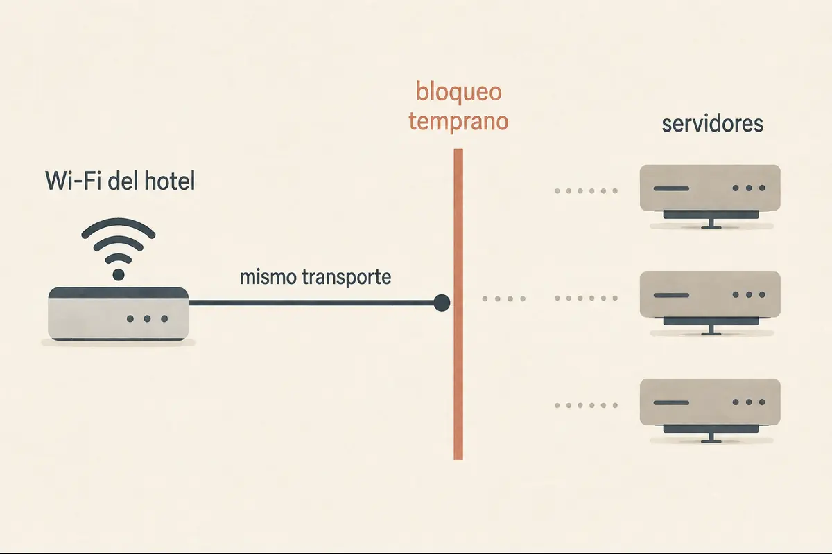 Esquema del transporte VPN bloqueado antes de alcanzar distintos servidores
