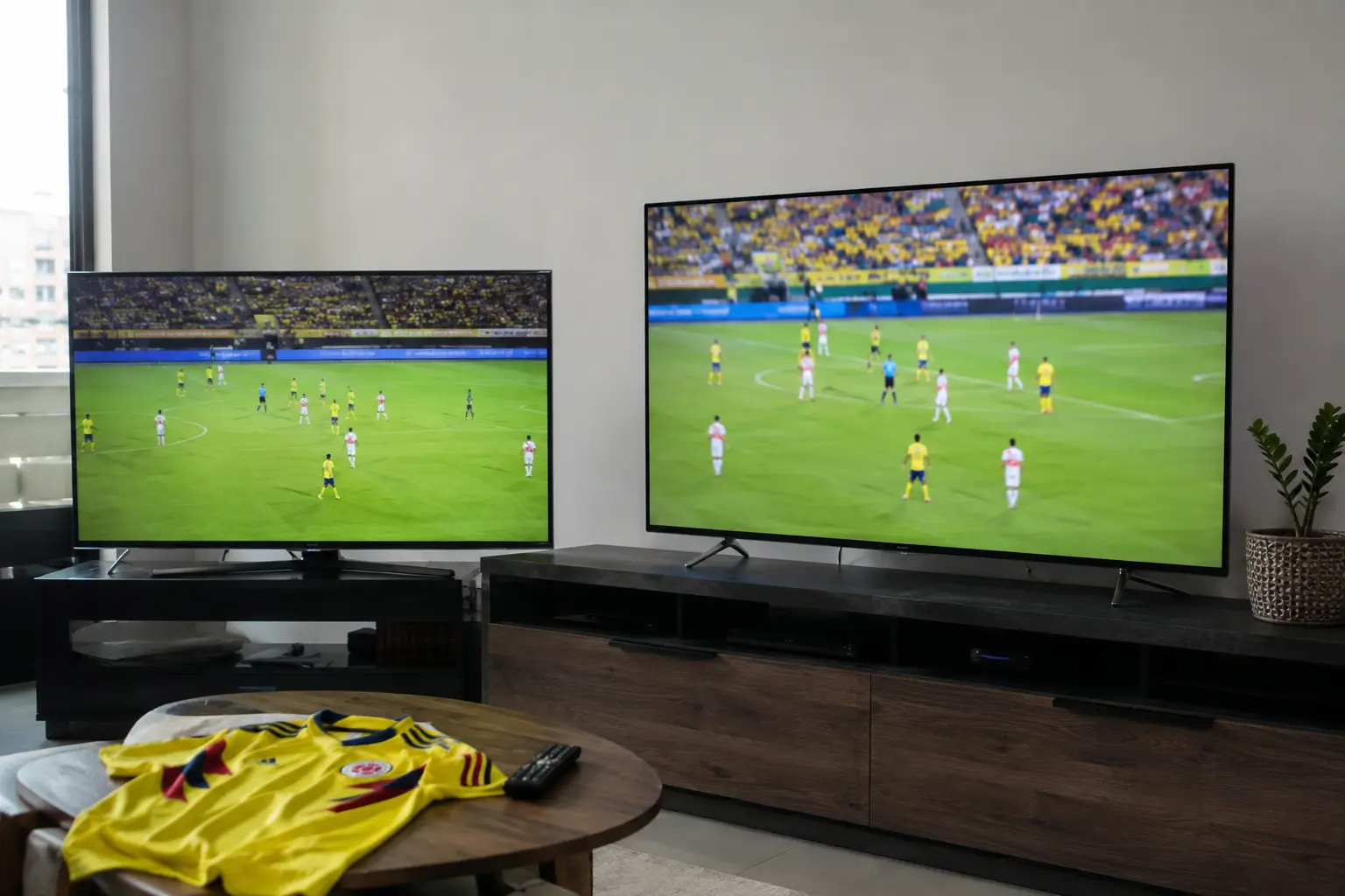 Auriculares y mezclador de audio junto a un partido de fútbol desenfocado y una bufanda chilena