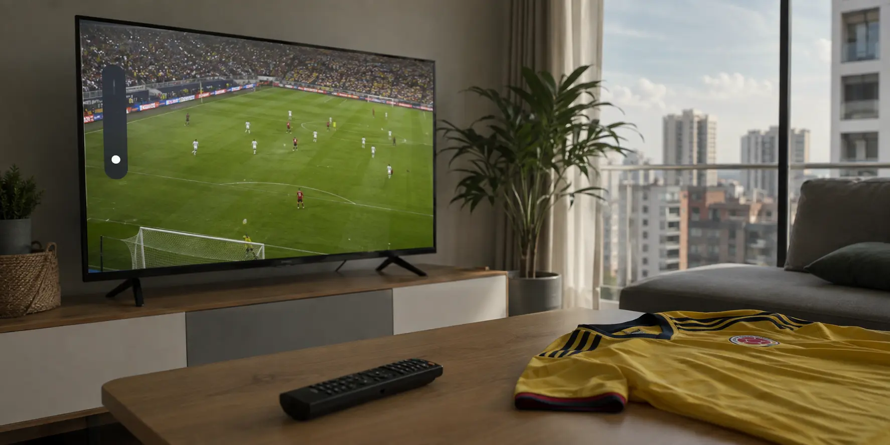 Televisor con partido de fútbol, mando y camiseta amarilla colombiana en un salón en el extranjero