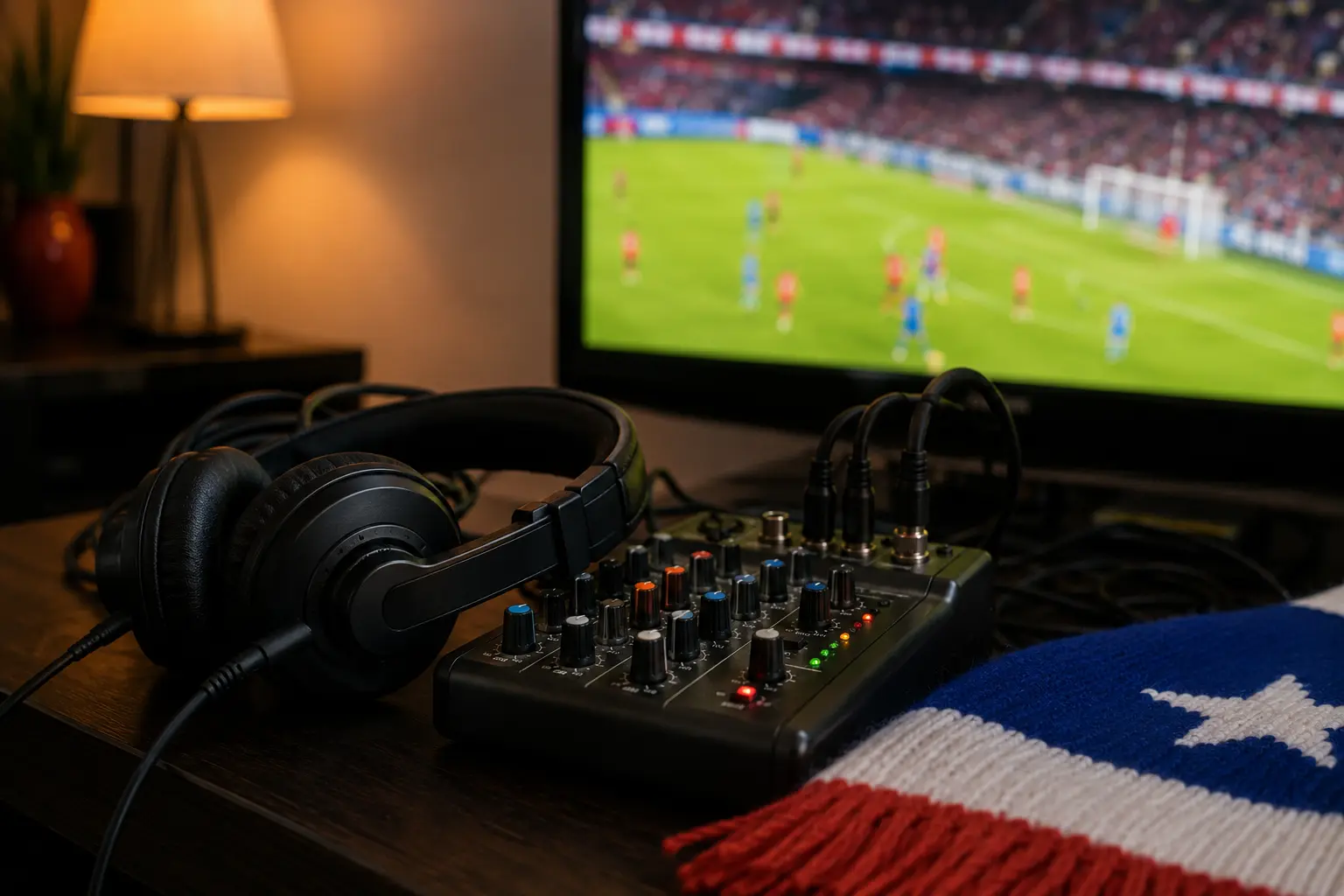 Dos televisores muestran el mismo partido desde tomas distintas junto a una camiseta colombiana